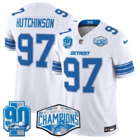 Cheap Men\'s Detroit Lions #97 Aidan Hutchinson White 2024 NFC North Champions 90th Anniversary Patch F.U.S.E. Vapor Limited Stitched Jersey