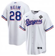 Men's Texas Rangers #28 Jonah Heim 2023 White World Series Stitched Baseball Jersey