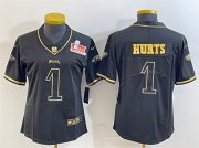 Women's Philadelphia Eagles #1 Jalen Hurts Black Gold 2025 Super Bowl LIX Patch Salute To Service Vapor Untouchable Limited Stitched Football Jersey(Run Small)