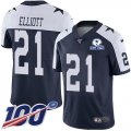 Wholesale Cheap Nike Cowboys #21 Ezekiel Elliott Navy Blue Thanksgiving Men's Stitched With Established In 1960 Patch NFL 100th Season Vapor Untouchable Limited Throwback Jersey