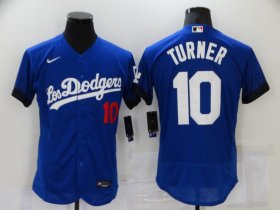 Wholesale Cheap Men\'s Los Angeles Dodgers #10 Justin Turner Blue 2021 City Connect Flex Base Stitched Jersey