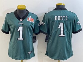 Women\'s Philadelphia Eagles #1 Jalen Hurts Green 2025 Super Bowl LIX Patch Vapor Untouchable Limited Stitched Football Jersey(Run Small)