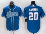 Cheap Men's Detroit Lions #20 Barry Sanders Blue With Patch Cool Base Stitched Baseball Jersey