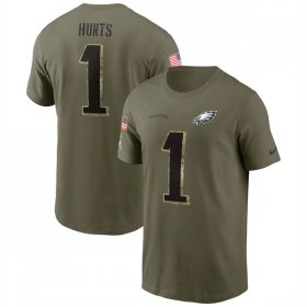 Wholesale Cheap Men\'s Philadelphia Eagles #1 Jalen Hurts 2022 Olive Salute to Service T-Shirt