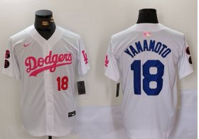 Cheap Men\'s Los Angeles Dodgers #18 Yoshinobu Yamamoto White Pink Vin & Kobe Patch Stitched Baseball Jersey1