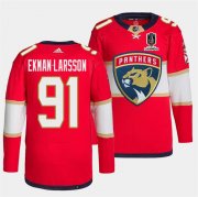 Cheap Men's Florida Panthers #91 Oliver Ekman-Larsson Red Home 2024 Stanley Cup Champions Stitched Jersey