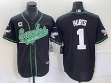 Wholesale Cheap Men's Philadelphia Eagles #1 Jalen Hurts Black With C Patch Cool Base Stitched Baseball Jersey