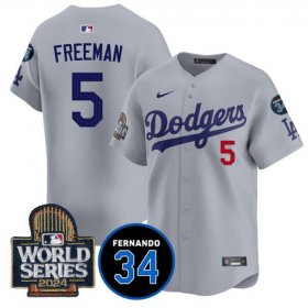 Cheap Men\'s Los Angeles Dodgers #5 Freddie Freeman Grey 2024 World Series With Fernando Memorial Patch Limited Stitched Baseball Jersey