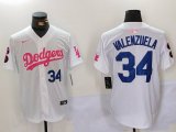 Cheap Men's Los Angeles Dodgers #34 Fernando Valenzuela White Pink Vin & Kobe Patch Stitched Baseball Jerseys