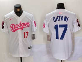 Cheap Men\'s Los Angeles Dodgers #17 Shohei Ohtani White Pink Vin & Kobe Patch Stitched Baseball Jerseys