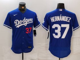 Men\'s Los Angeles Dodgers #37 Teoscar Hernandez Number Blue Flex Base Stitched Jersey