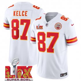 Men\'s Kansas City Chiefs #87 Travis Kelce White 2025 Super Bowl LIX Patch F.U.S.E. Vapor Limited Stitched Football Jersey