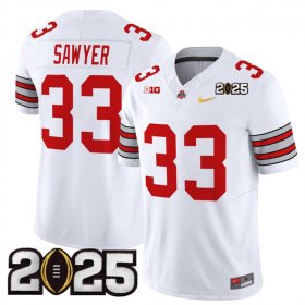 Men\'s Ohio State Buckeyes #33 Jack Sawyer White Gold 2025 CFP Final Patch F.U.S.E. Vapor Limited Stitched Football Jersey