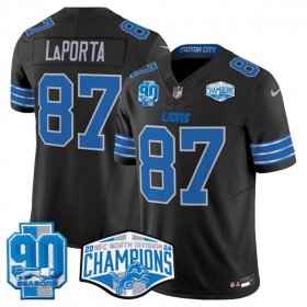 Cheap Men\'s Detroit Lions #87 Sam LaPorta Black 2024 NFC North Champions 90th Anniversary Patch F.U.S.E. Vapor Limited Stitched Jersey