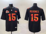 Men's Kansas City Chiefs #15 Patrick Mahomes Black 2025 Super Bowl LIX Patch Fashion Vapor Limited Stitched Football Jersey