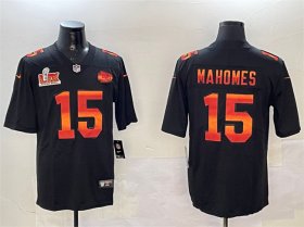 Men\'s Kansas City Chiefs #15 Patrick Mahomes Black 2025 Super Bowl LIX Patch Fashion Vapor Limited Stitched Football Jersey