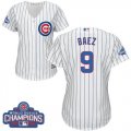 Wholesale Cheap Cubs #9 Javier Baez White(Blue Strip) Home 2016 World Series Champions Women's Stitched MLB Jersey