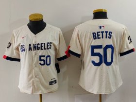 Cheap Women\'s Los Angeles Dodgers #50 Mookie Betts Number Cream 2024 City Connect Limited Stitched Jerseys