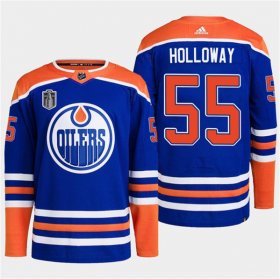 Cheap Men\'s Edmonton Oilers #55 Dylan Holloway Royal 2024 Stanley Cup Final Patch Stitched Jersey