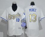 Wholesale Cheap Royals #13 Salvador Perez White Flexbase Authentic 2015 World Series Champions Gold Program Cool Base Women's Stitched MLB Jersey