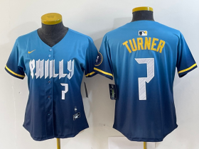 Cheap Women\'s Philadelphia Phillies #7 Trea Turner Number Blue 2024 City Connect Limited Stitched Jerseys