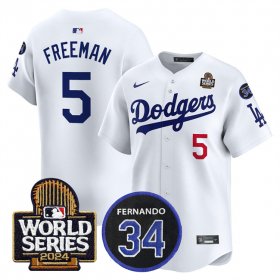 Cheap Men\'s Los Angeles Dodgers #5 Freddie Freeman White 2024 World Series With Fernando Memorial Patch Limited Stitched Baseball Jersey