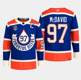 Cheap Men\'s Edmonton Oilers #97 Connor McDavid Royal 2024 Stanley Cup Final Patch Heritage Classic Primegreen Stitched Jersey