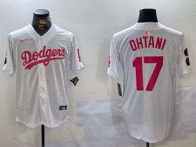 Cheap Men\'s Los Angeles Dodgers #17 Shohei Ohtani Number White Pink Limited Cool Base Stitched Jersey