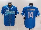 Cheap Men's Detroit Lions #14 Amon-Ra St. Brown Blue Cool Base Stitched Baseball Jersey