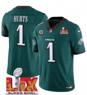 Men\'s Philadelphia Eagles #1 Jalen Hurts Green 2025 Super Bowl LIX Patch With 3-Star C Patch New F.U.S.E. Vapor Untouchable Limited Stitched Football Jersey