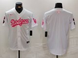 Cheap Men's Los Angeles Dodgers Team Big Logo White Pink Vin & Kobe Patch Stitched Baseball Jersey