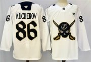 Cheap Men's Tampa Bay Lightning #86 Nikita Kucherov 2024-25 White Gasparilla Inspired Pirate-Themed Warmup Stitched Jersey