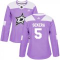 Cheap Adidas Stars #5 Andrej Sekera Purple Authentic Fights Cancer Women's Stitched NHL Jersey