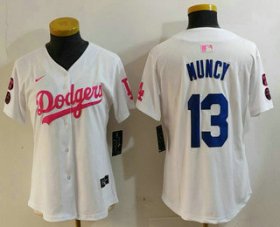 Cheap Women\'s Los Angeles Dodgers #13 Max Muncy White Pink With Patch Limited Stitched Jersey