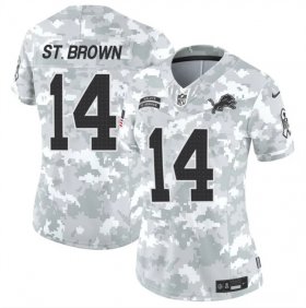 Cheap Women\'s Detroit Lions #14 Amon-Ra St. Brown 2024 F.U.S.E Arctic Camo Salute To Service Limited Stitched Jersey(Run Small)