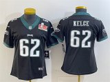 Women's Philadelphia Eagles #62 Jason Kelce Black 2025 Super Bowl LIX Patch Vapor Untouchable Limited Stitched Football Jersey(Run Small)