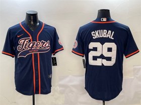 Cheap Men\'s Detroit Tigers #29 Tarik Skubal Navy With Patch Cool Base Stitched Baseball Jersey