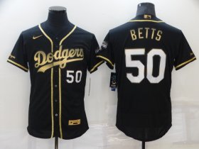 Wholesale Cheap Men\'s Los Angeles Dodgers #50 Mookie Betts Black 2020 Champions Golden Edition Stitched Flex Base Nike Jersey