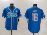 Cheap Men's Detroit Lions #16 Jared Goff Blue With 90th Anniversary Patch Cool Base Stitched Baseball Jersey