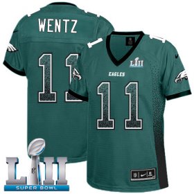 Wholesale Cheap Nike Eagles #11 Carson Wentz Midnight Green Team Color Super Bowl LII Women\'s Stitched NFL Elite Drift Fashion Jersey