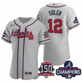 Wholesale Cheap Men\'s Grey Atlanta Braves #12 Jorge Soler 2021 World Series Champions With 150th Anniversary Flex Base Stitched Jersey