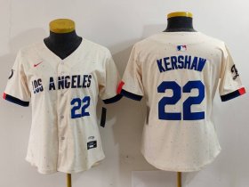 Cheap Women\'s Los Angeles Dodgers #22 Clayton Kershaw Number Cream 2024 City Connect Limited Stitched Jerseys