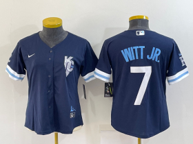 Wholesale Cheap Women\'s Kansas City Royals #7 Bobby Witt Jr 2022 Navy Blue City Connect Cool Base Stitched Jersey