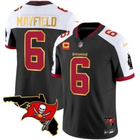 Men\'s Tampa Bay Buccaneers #6 Baker Mayfield Black White With Florida Patch Gold Trim Vapor Football Stitched Jersey