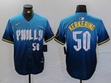 Cheap Men's Philadelphia Phillies #50 Orion Kerkering Number Blue 2024 City Connect Limited Stitched Jersey