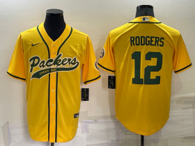 Wholesale Men\'s Green Bay Packers #12 Aaron Rodgers Yellow Stitched MLB Cool Base Nike Baseball Jersey