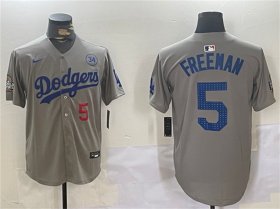 Cheap Men\'s Los Angeles Dodgers #5 Freddie Freeman Gray 2024 World Series With No. 34 Patch Limited Stitched Baseball Jersey