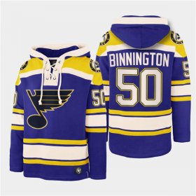 Wholesale Cheap Men\'s St. Louis Blues #50 Jordan Binnington Blue Ageless Must-Have Lace-Up Pullover Hoodie