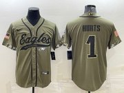 Wholesale Cheap Men's Philadelphia Eagles #1 Jalen Hurts Olive 2022 Salute To Service Cool Base Stitched Baseball Jersey