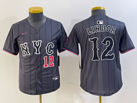 Cheap Youth New York Mets #12 Francisco Lindor Number Grey 2024 City Connect Cool Base Stitched Jerseys